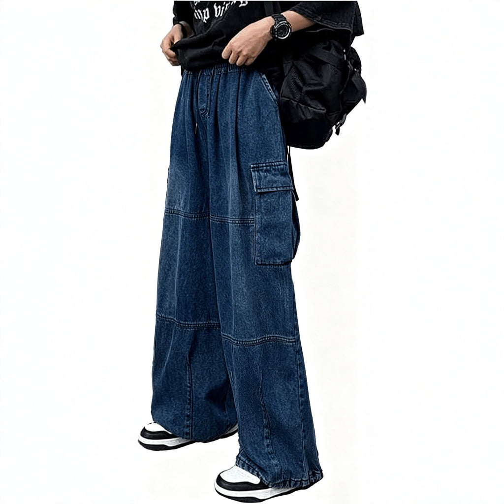 Casual Color-blocked Multi-pocket Loose Fit Men's Denim Pants Fashion Streetwear Style