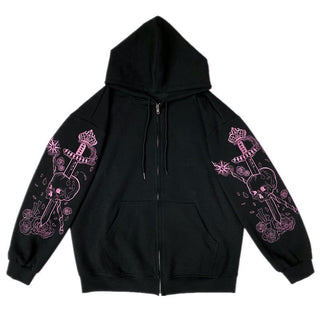 Women's Retro Print Long Sleeve Zip Hoodie