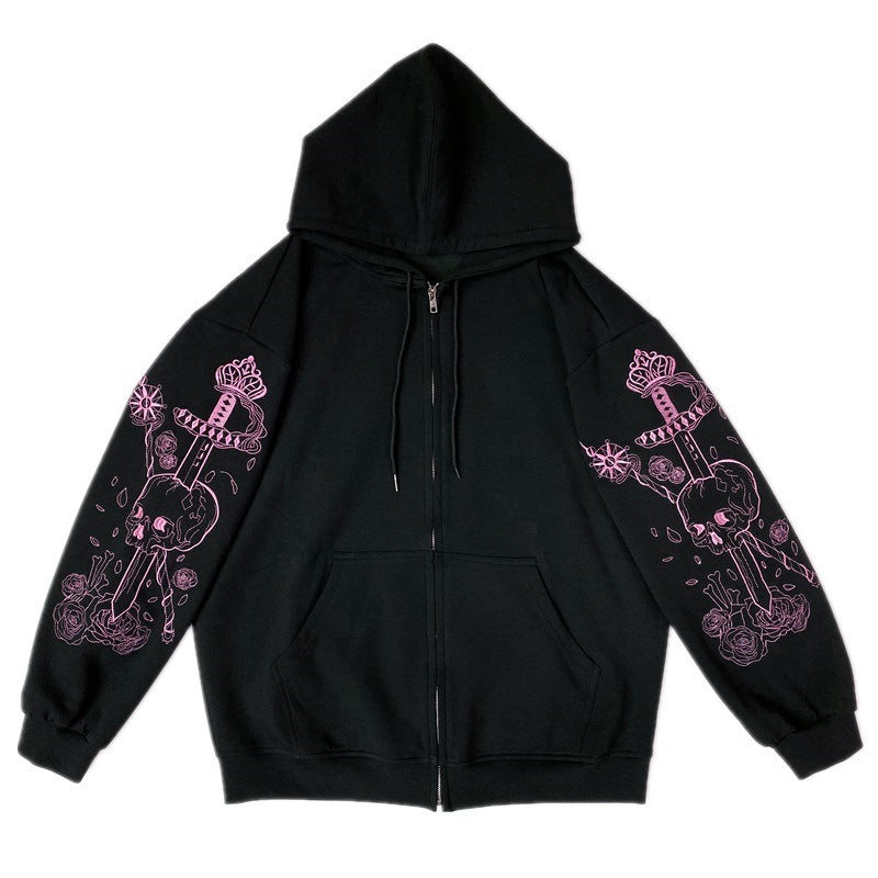 Women's Retro Print Long Sleeve Zip Hoodie