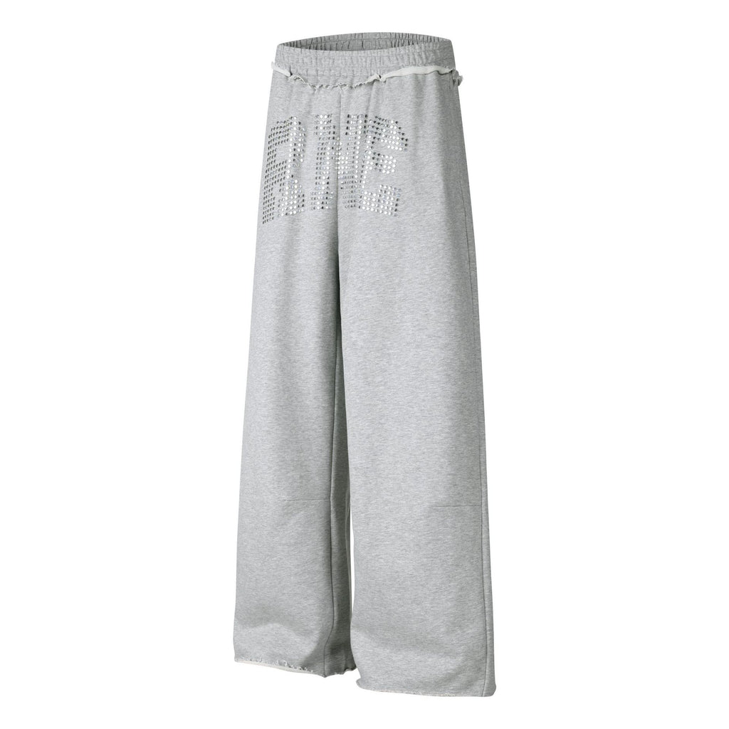 Sweatpants Women Rhinestone Letter Embellished Raw Hem Waistband Loose Drapey Long Pants