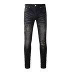 Trendy Distressed Graffiti Print Patched Stretch Denim Acid Wash Skinny Jeans