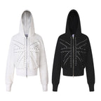 Casual Rhinestone Embellished Zip-Up Hooded Slim Fit Cropped Jacket
