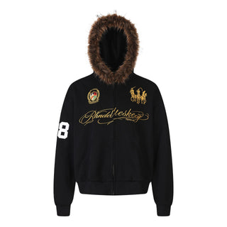 Women's Streetwear Zip-Up Hoodie Jacket with Fur Collar, Embroidered Patch