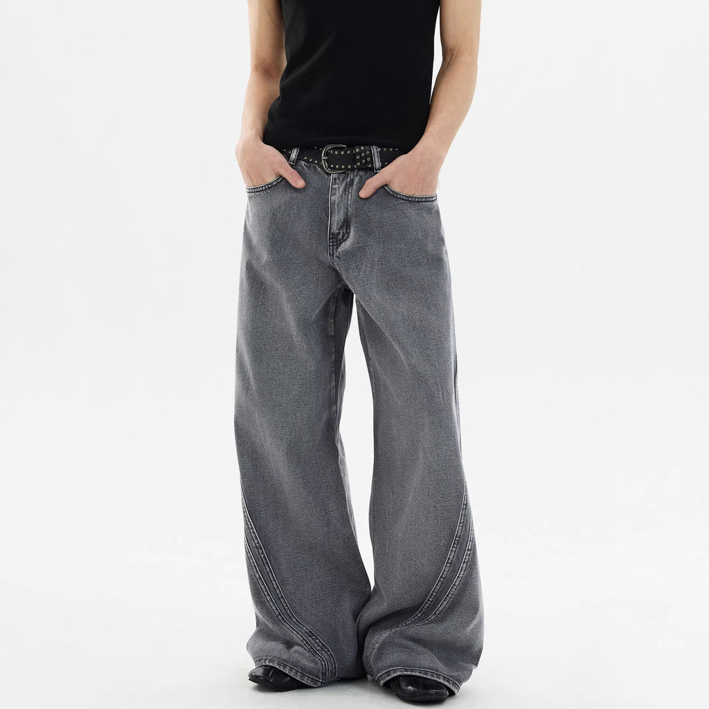 Street Style Vintage Washed Denim Pants for Men, Loose Straight Leg Wide Leg Fashionable Design Pants