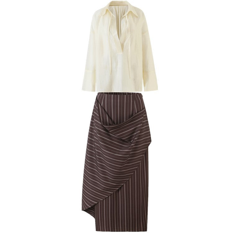 Women's Relaxed Vintage Striped Long Sleeve Wrap Blouse and Designer Midi Skirt Two Piece Set