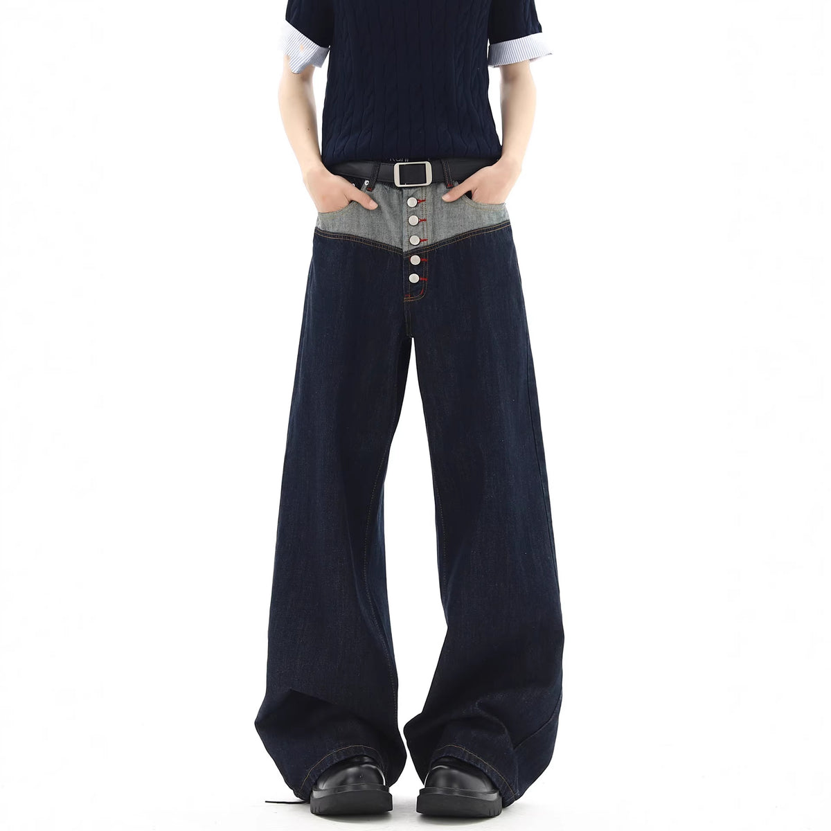 Stylish Button-Down Denim Pants for Men, Summer High Street Trendy Loose Straight Leg Wide Leg Drop Crotch Long Pants