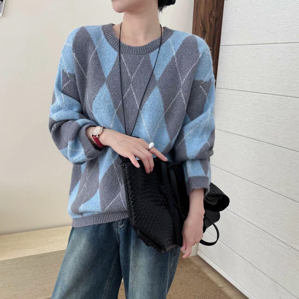Suéter Feminino Gola Redonda Estampa Losango