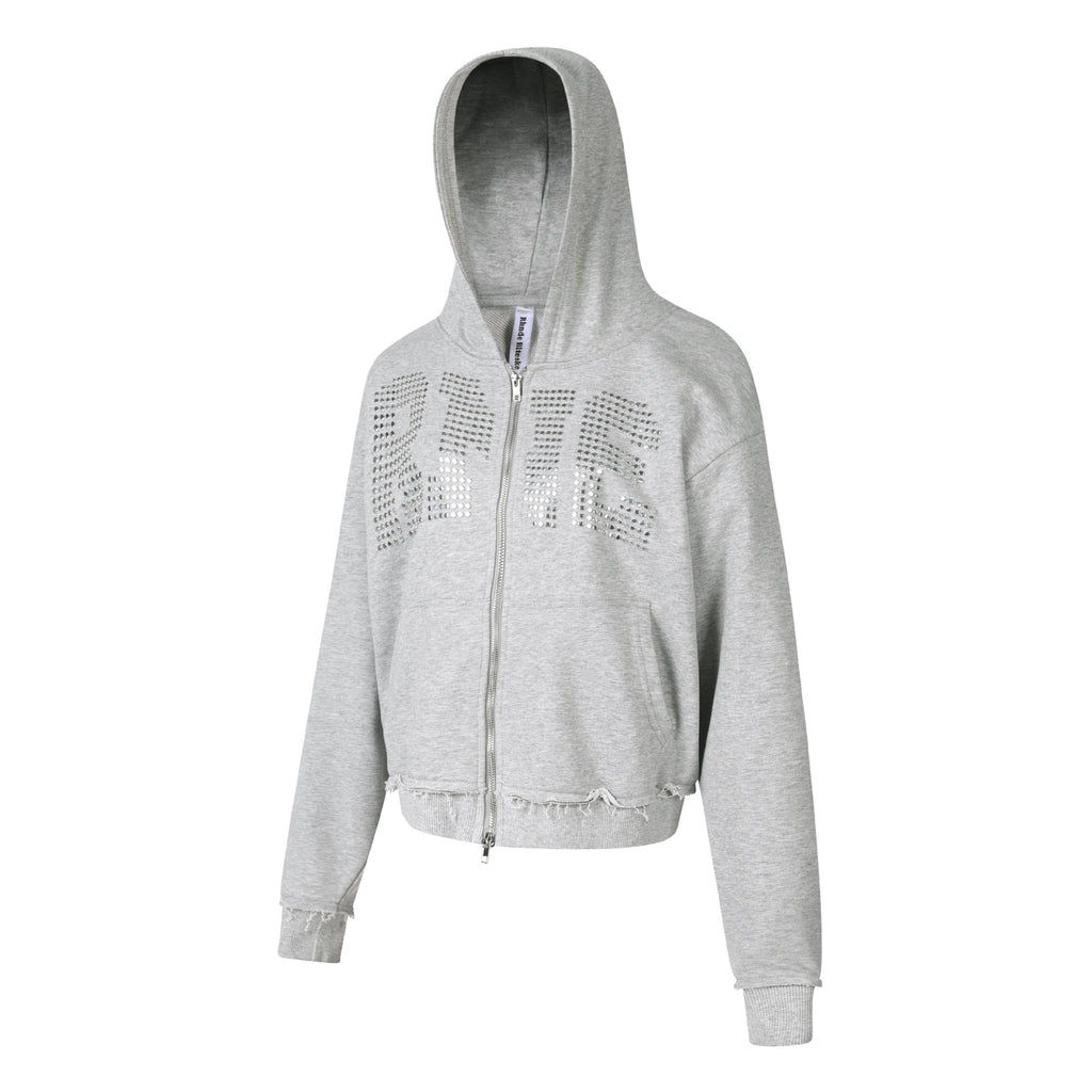Heavy Rhinestone Letter Zip Up Hooded Sweatshirt Loose Fit Raw Hem Cardigan