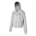 Heavy Rhinestone Letter Zip Up Hooded Sweatshirt Loose Fit Raw Hem Cardigan