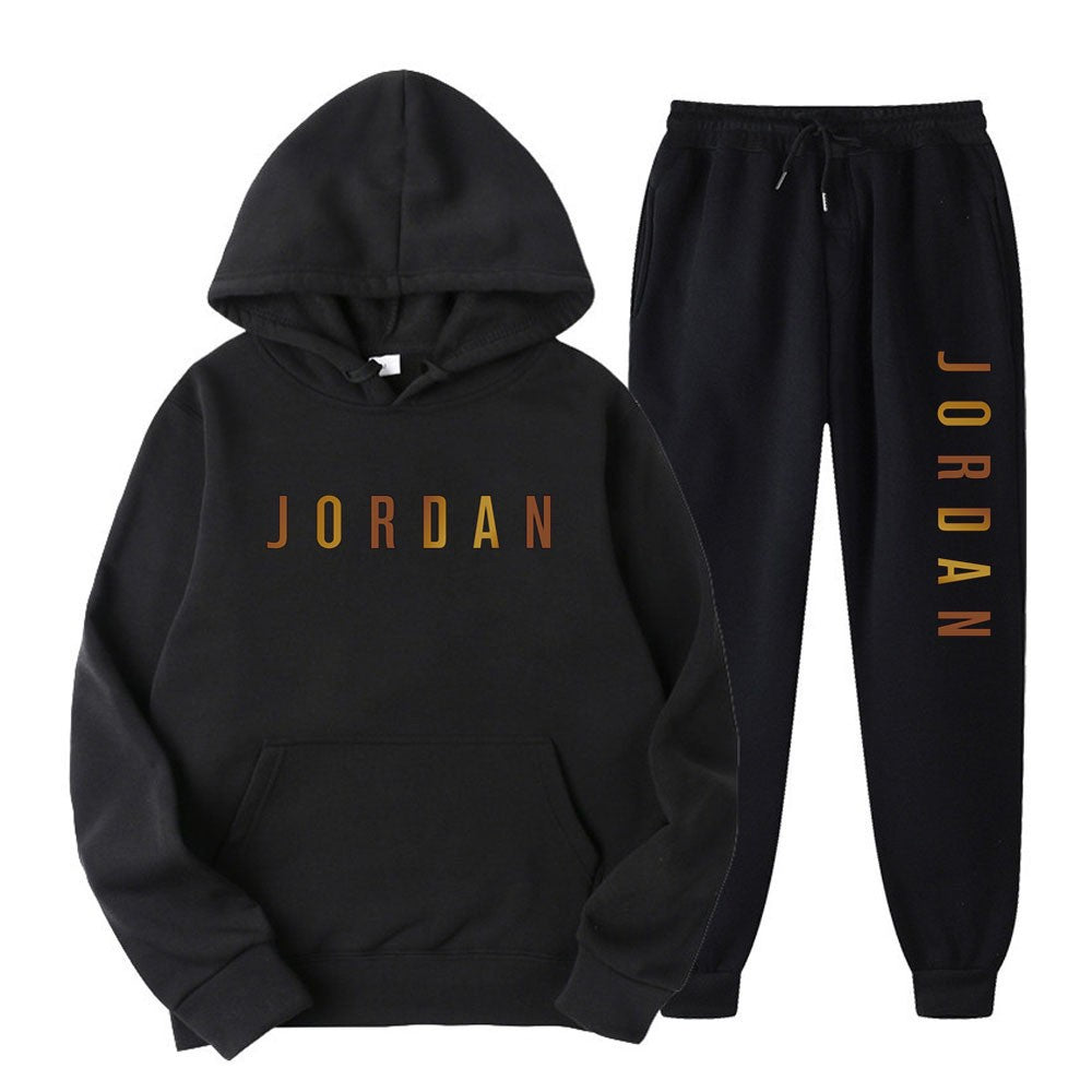 Gold Print Hooded Long Sleeve Fleece Lined Sports Casual Jacket and Pants Set