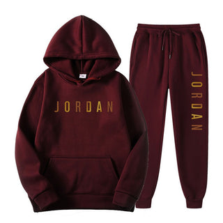 Gold Print Hooded Long Sleeve Fleece Lined Sports Casual Jacket and Pants Set
