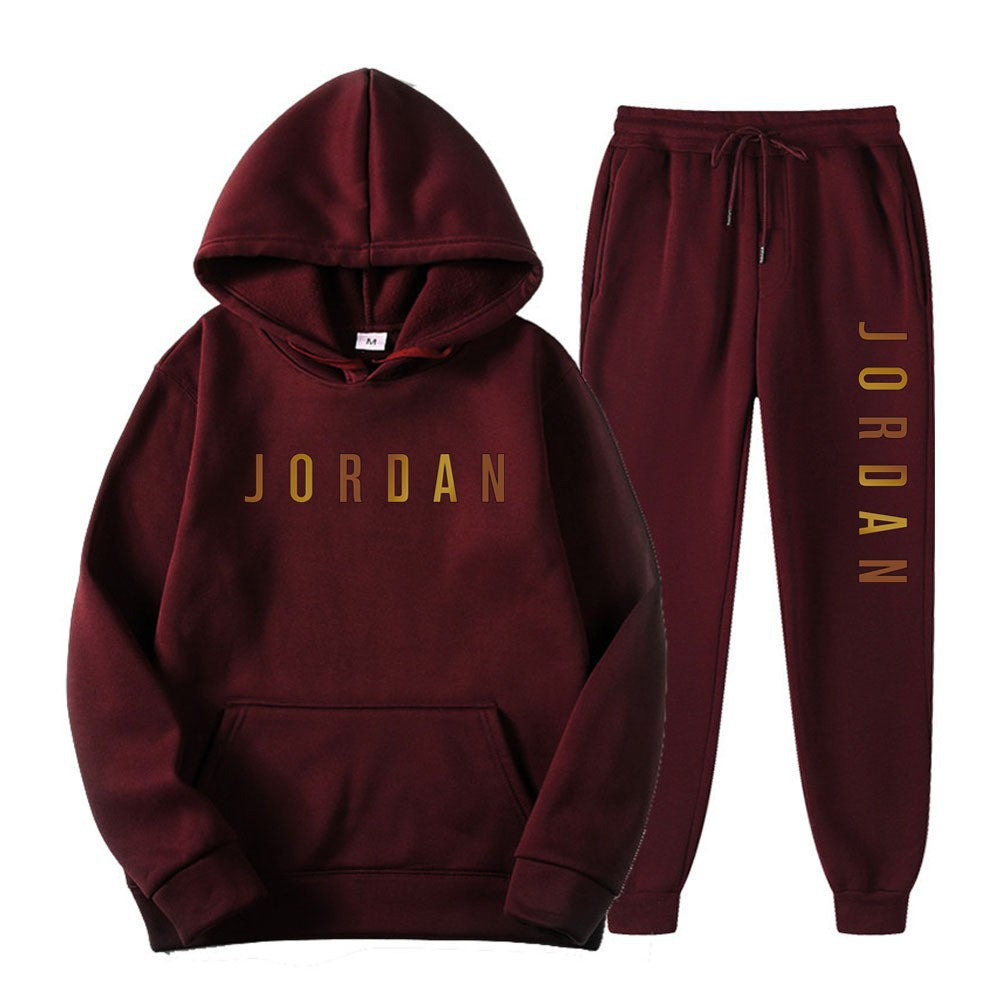 Gold Print Hooded Long Sleeve Fleece Lined Sports Casual Jacket and Pants Set