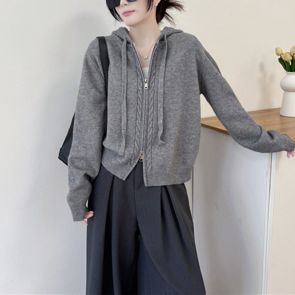 Hooded loose double zipper cardigan sweater