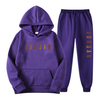 Gold Print Hooded Long Sleeve Fleece Lined Sports Casual Jacket and Pants Set