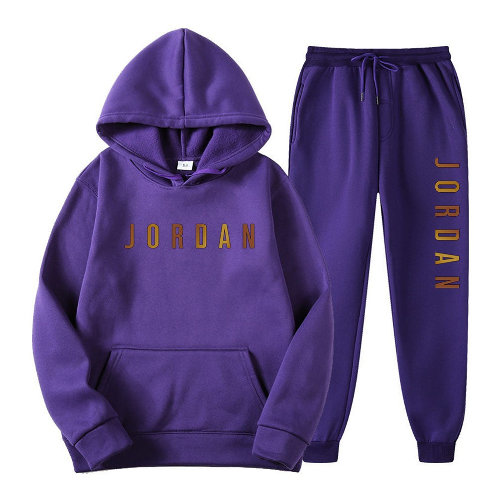Gold Print Hooded Long Sleeve Fleece Lined Sports Casual Jacket and Pants Set