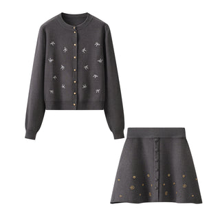 Women's Embroidered Long Sleeve Knit Cardigan and A-Line Mini Skirt Two-Piece Set