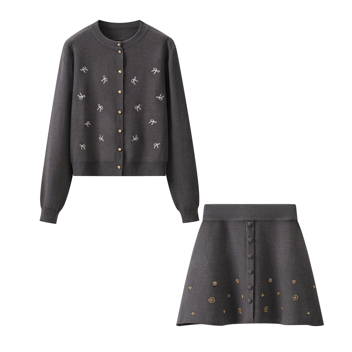 Women's Embroidered Long Sleeve Knit Cardigan and A-Line Mini Skirt Two-Piece Set