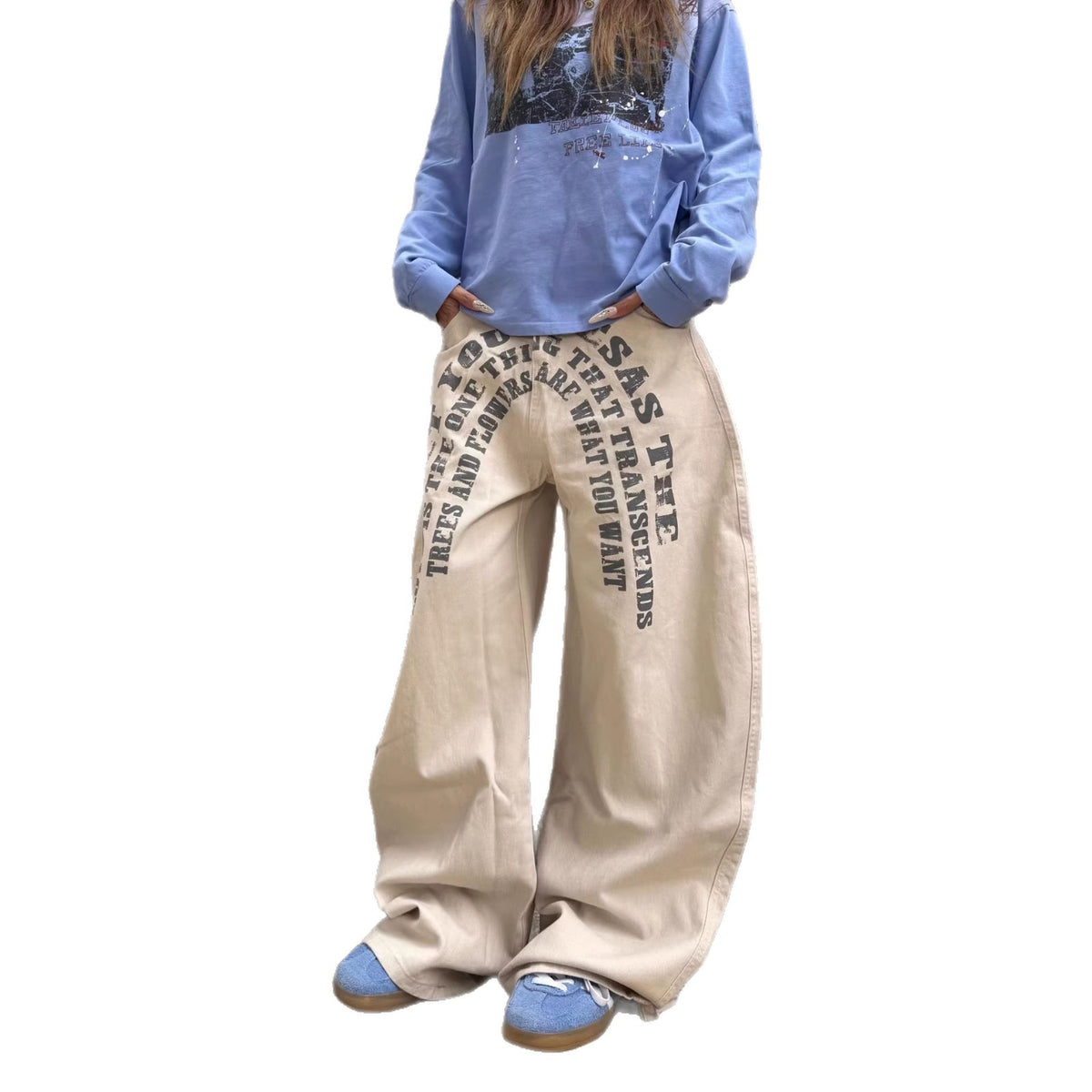 Casual  Street Style Printed Letter Loose Wide-Leg Denim Pants for Men and Women