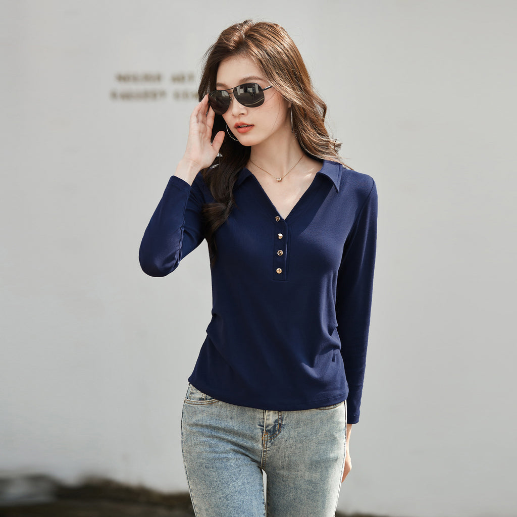 Long sleeved women's lapel T-shirt