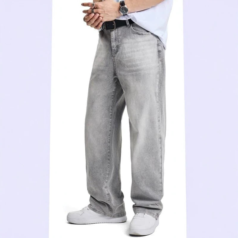 Casual Men's Distressed Gray Design Denim Pants, Vintage Fashion Washed Jeans