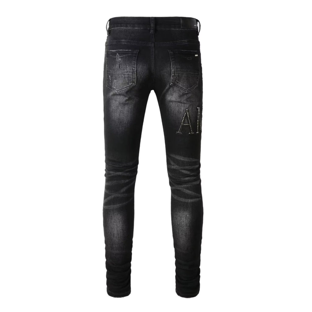 Trendy Distressed Graffiti Print Patched Stretch Denim Acid Wash Skinny Jeans