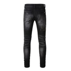 Trendy Distressed Graffiti Print Patched Stretch Denim Acid Wash Skinny Jeans
