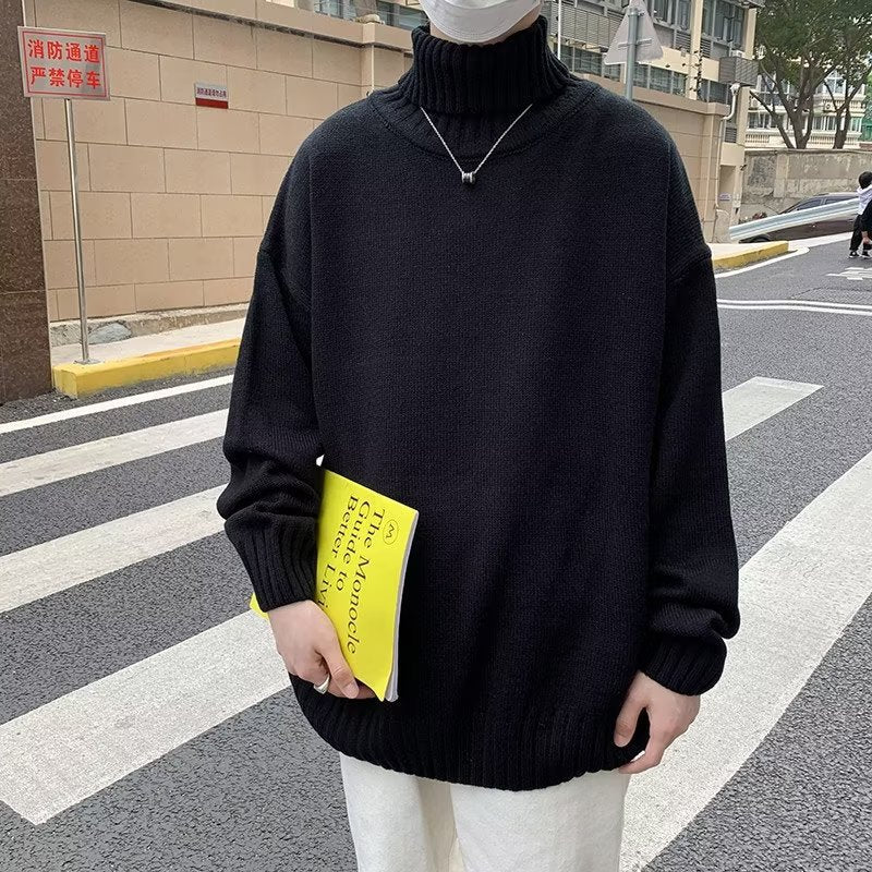 Men's Relaxed Fit Vintage Solid Color High Neck Knit Sweater