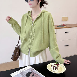 Hooded loose double zipper cardigan sweater