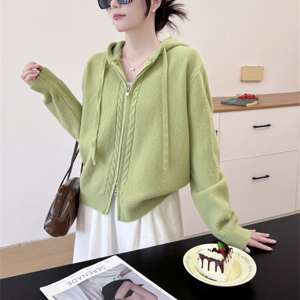 Hooded loose double zipper cardigan sweater
