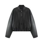 Half high collar long sleeved single breasted PU jacket
