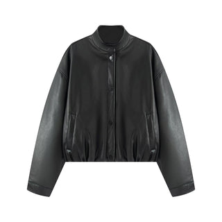 Half high collar long sleeved single breasted PU jacket