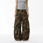 Vintage Street Washed Pocket Knife Camouflage Cargo Pants Men's INS Fashion Wide Leg Jeans Long Pants