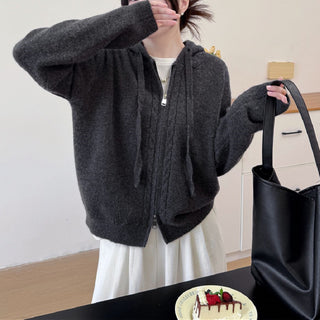 Hooded loose double zipper cardigan sweater