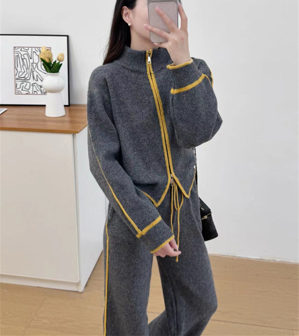 Color blocked zipper cardigan two-piece set