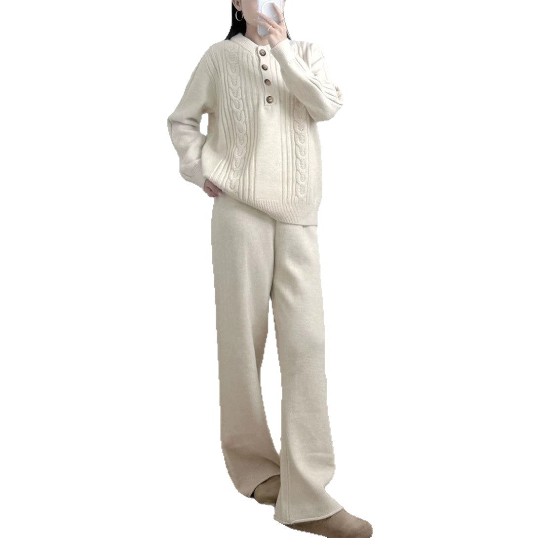 Round neck half open collar pullover sweater for women