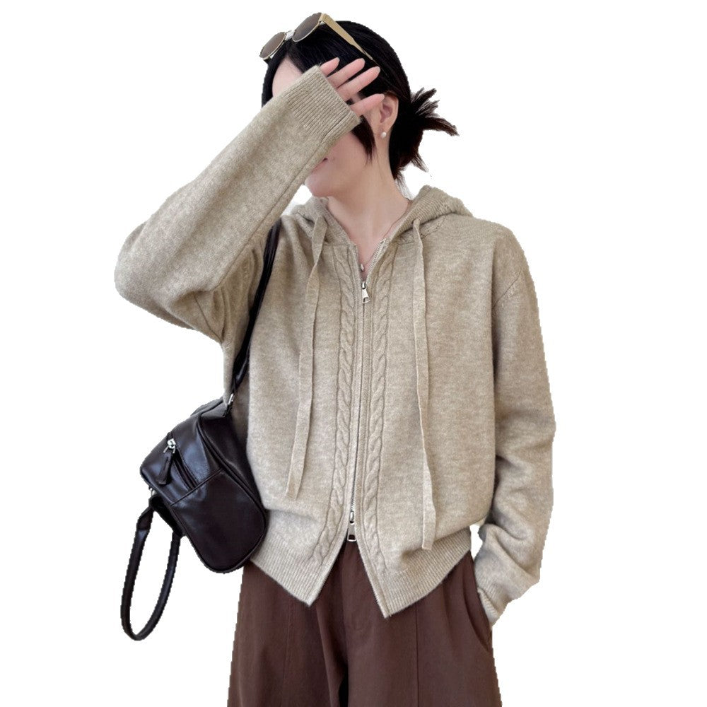 Hooded loose double zipper cardigan sweater