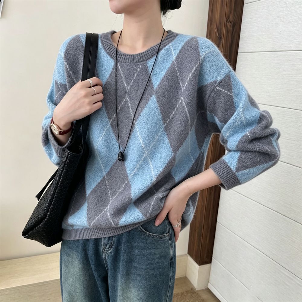 Suéter Feminino Gola Redonda Estampa Losango