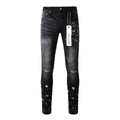 Men's Black Graffiti Splatter Distressed Skinny Jeans, Stretch Slim Fit Knee Cut-Out Denim Pants