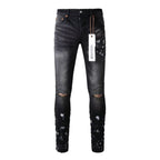 Men's Black Graffiti Splatter Distressed Skinny Jeans, Stretch Slim Fit Knee Cut-Out Denim Pants