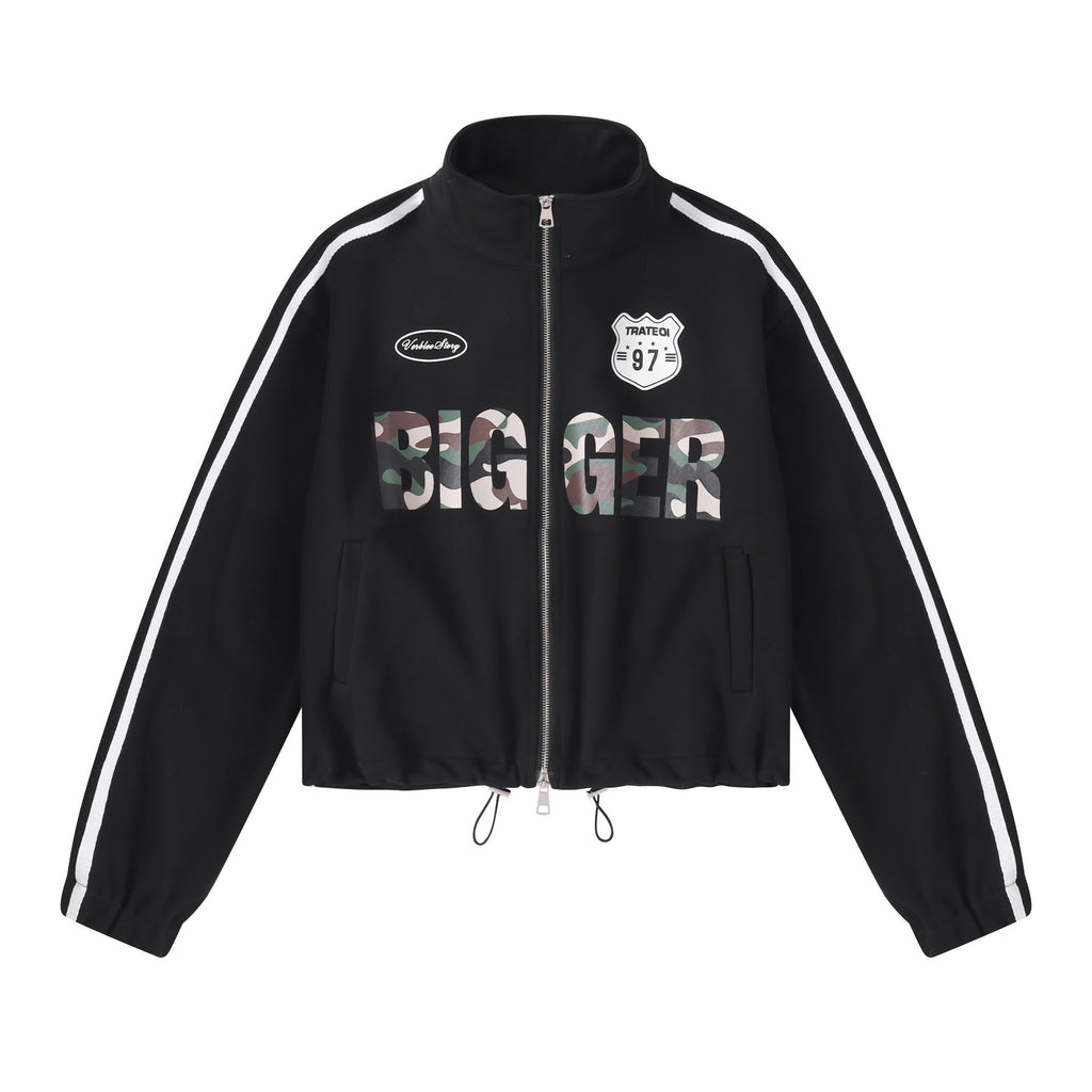 Streetwear Camouflage Print Double Zipper Stand Collar Loose Fit Jacket with Side White Webbing Drawstring
