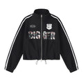 Streetwear Camouflage Print Double Zipper Stand Collar Loose Fit Jacket with Side White Webbing Drawstring