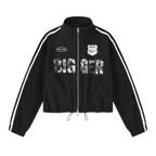Streetwear Camouflage Print Double Zipper Stand Collar Loose Fit Jacket with Side White Webbing Drawstring