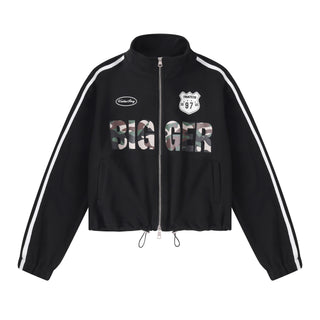 Streetwear Camouflage Print Double Zipper Stand Collar Loose Fit Jacket with Side White Webbing Drawstring