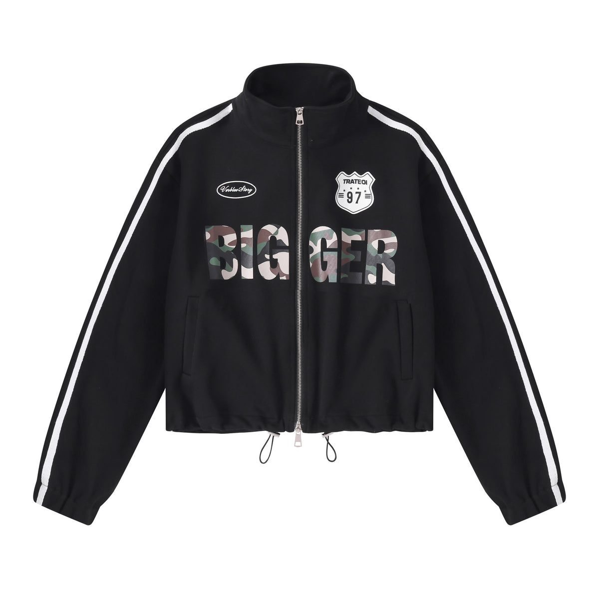 Streetwear Camouflage Print Double Zipper Stand Collar Loose Fit Jacket with Side White Webbing Drawstring