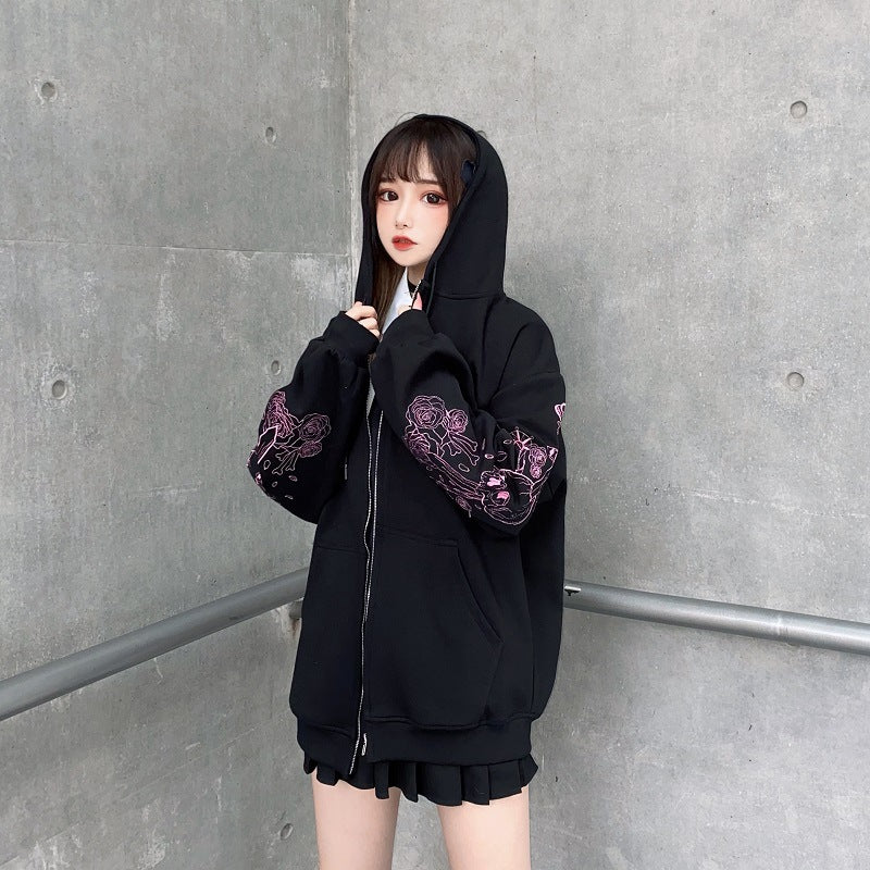 Women's Retro Print Long Sleeve Zip Hoodie