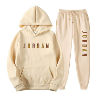 Gold Print Hooded Long Sleeve Fleece Lined Sports Casual Jacket and Pants Set