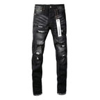 Men's Slim Fit Stretch Black Distressed Patch Vintage Jeans