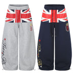 Color Block Flag Print Badge Embroidery Drawstring Loose Wide Leg Sweatpants