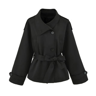 Women's Premium Short Stand Collar Trench Coat, Khaki Waist-Cinching Cropped Jacket for Petite