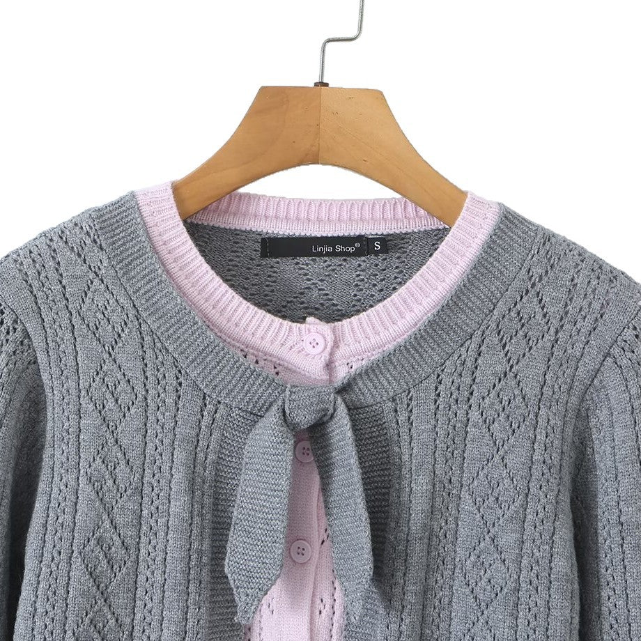 Women's Color-Block Argyle Openwork Crop Knit Cardigan Sweater